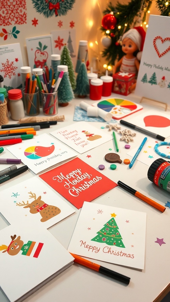 A creative workspace with DIY Christmas cards, art supplies, and festive decorations.